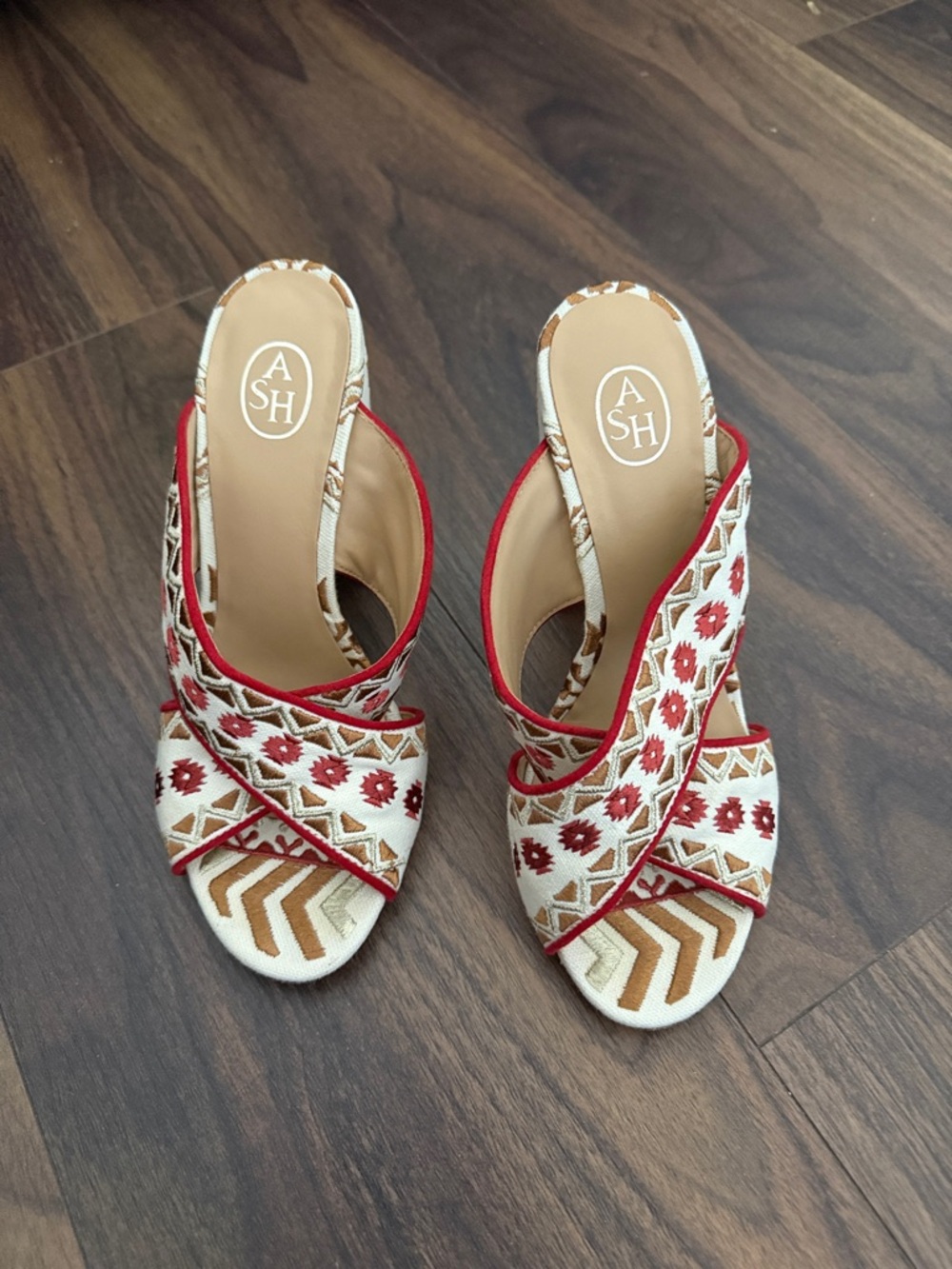 ASH Red and Cream Embroidered Cross-Band Mule Heels